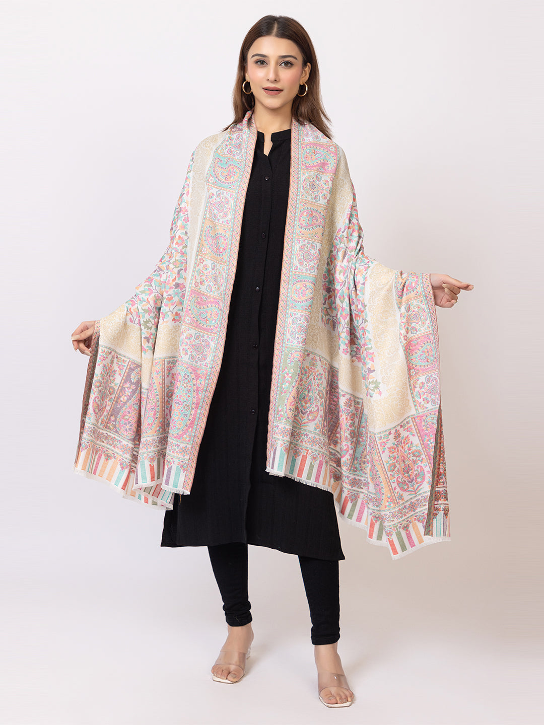 Tillaari White Kaani Shawl with Multicolor  Floral and Paisley Design