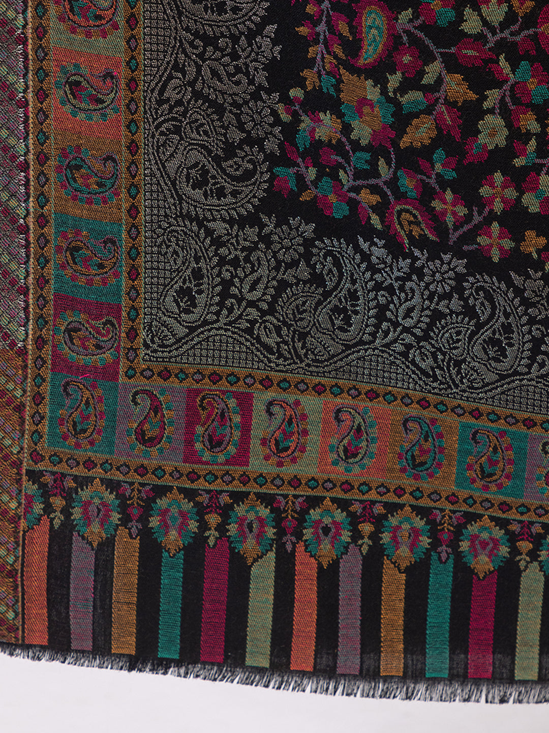 Tillaari Black Kani Shawl with Multicolor Floral and Paisley Design