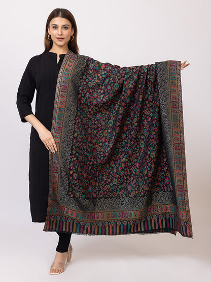 Tillaari Black Kani Shawl with Multicolor Floral and Paisley Design