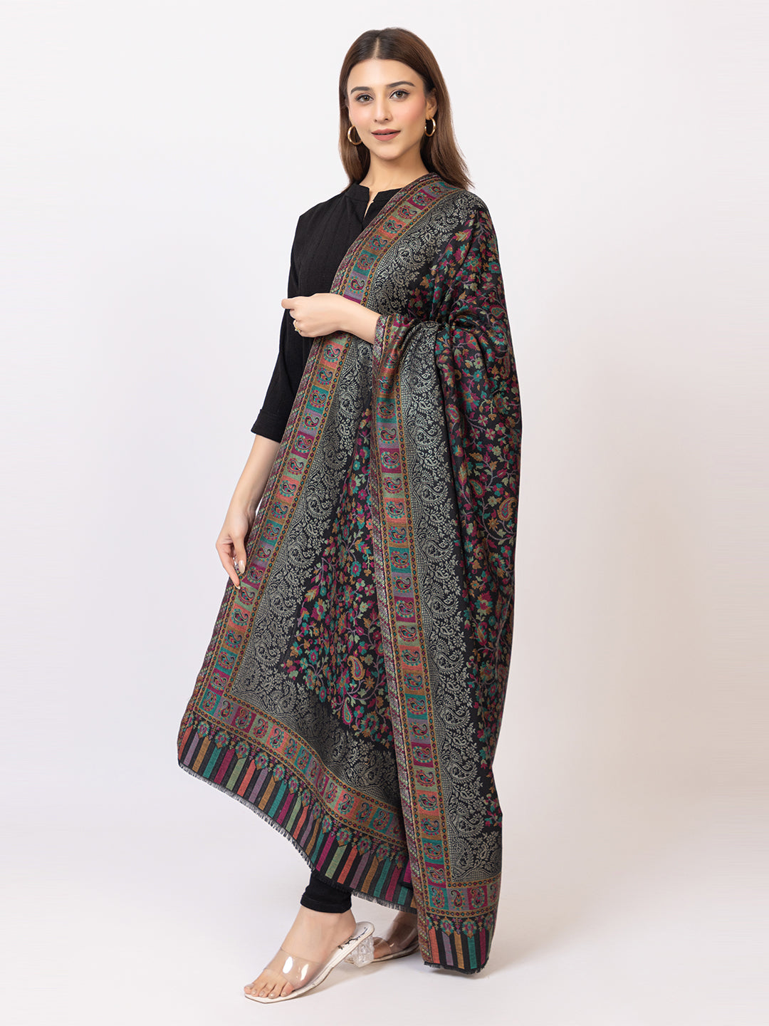 Tillaari Black Kani Shawl with Multicolor Floral and Paisley Design