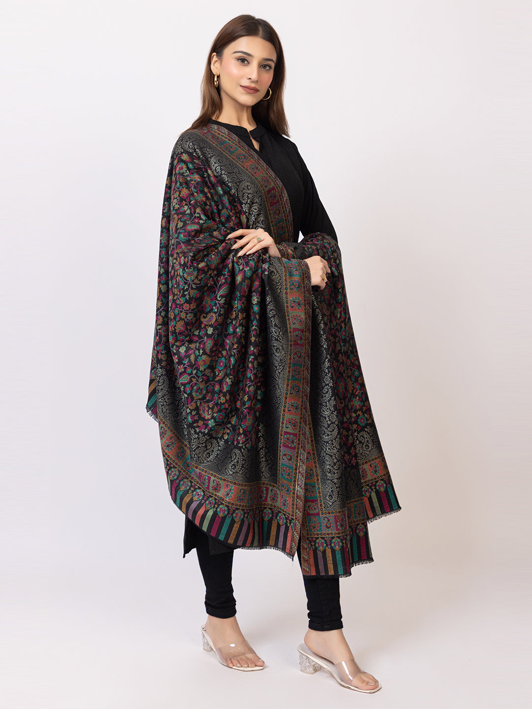 Tillaari Black Kani Shawl with Multicolor Floral and Paisley Design