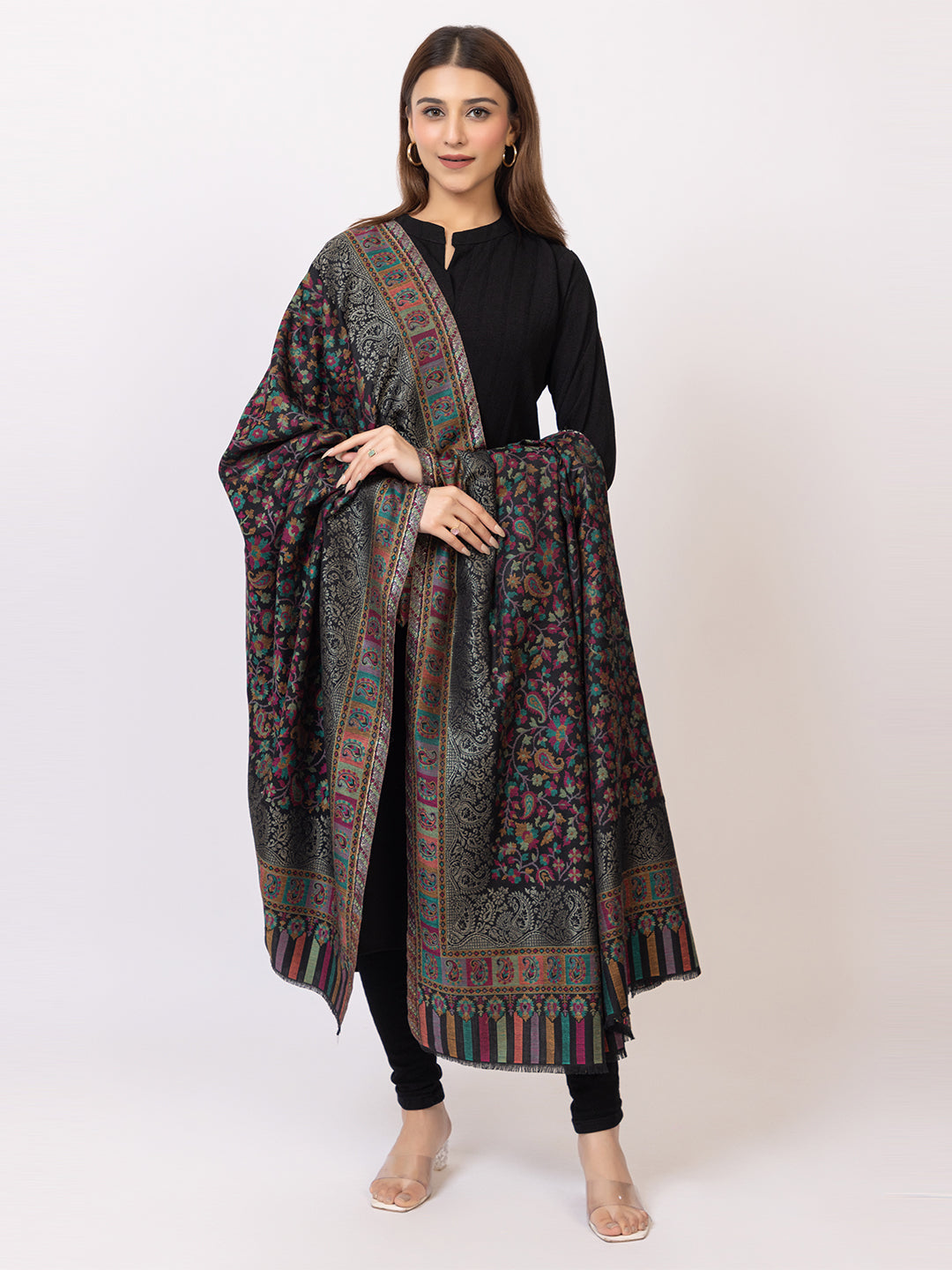 Tillaari Black Kani Shawl with Multicolor Floral and Paisley Design