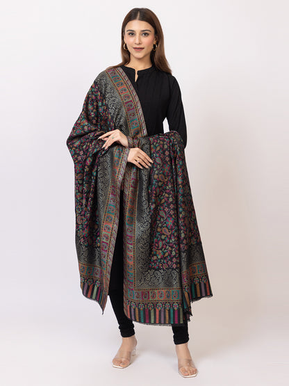 Tillaari Black Kani Shawl with Multicolor Floral and Paisley Design