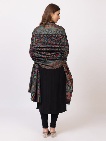 Tillaari Black Kani Shawl with Multicolor Floral and Paisley Design
