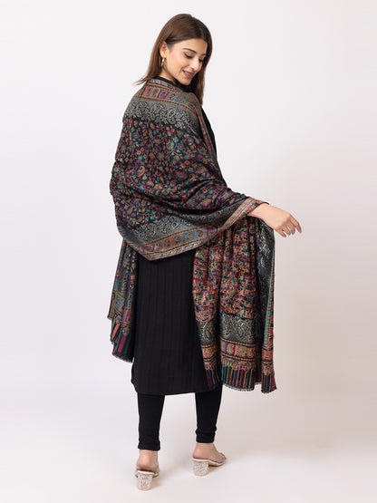 Tillaari Black Kani Shawl with Multicolor Floral and Paisley Design