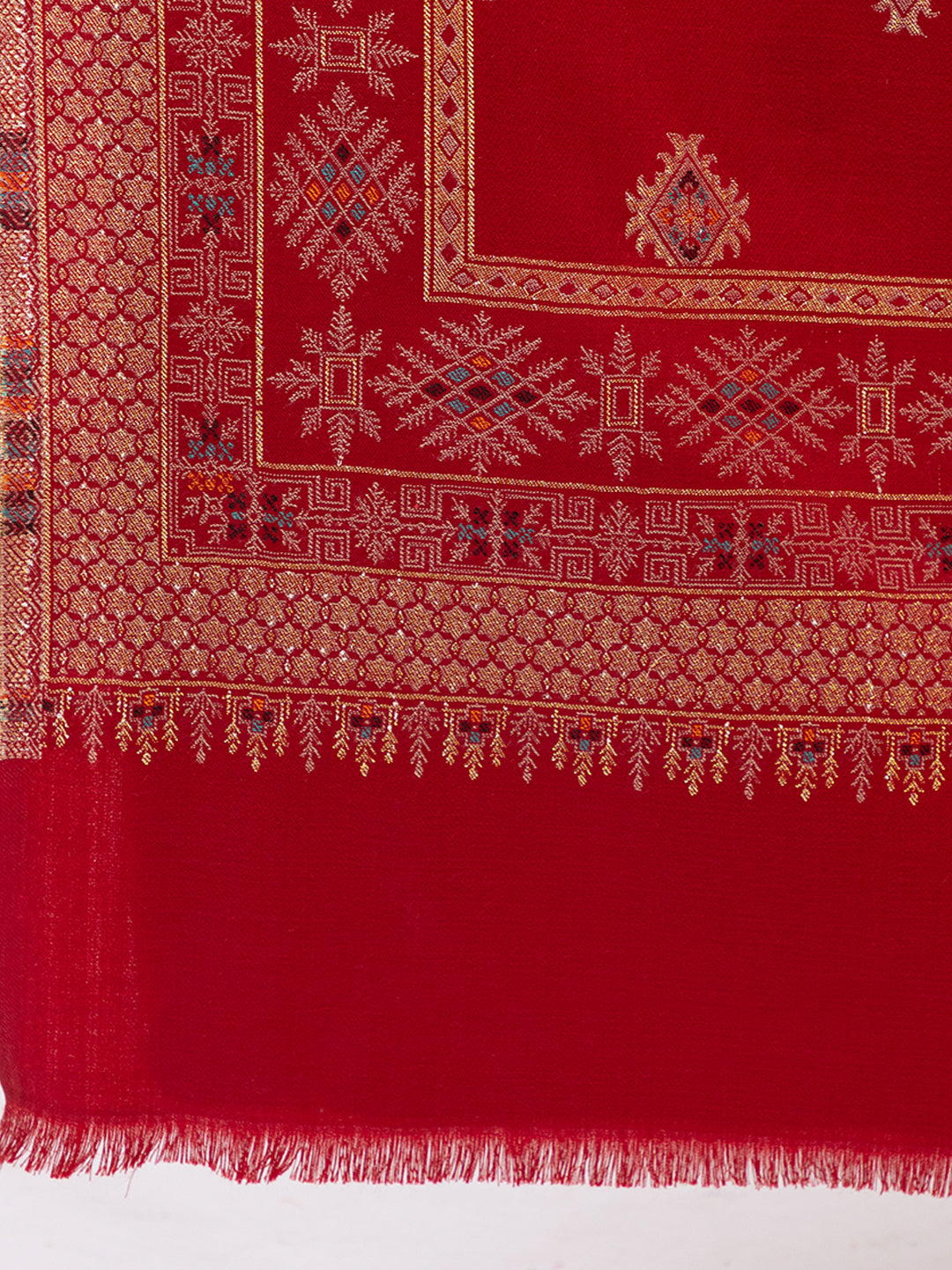 Tillaari Maroon Geometric Buti Shawl with Ornamental Border