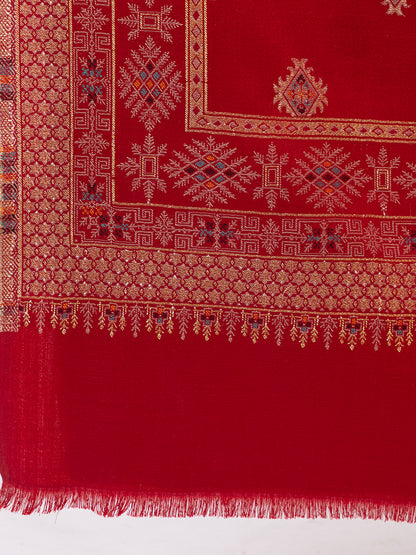 Tillaari Maroon Geometric Buti Shawl with Ornamental Border
