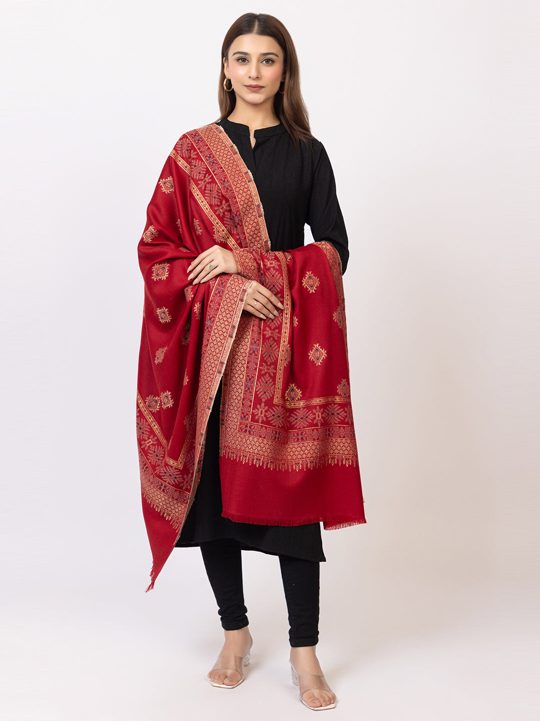 Tillaari Maroon Geometric Buti Shawl with Ornamental Border