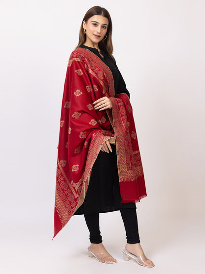 Tillaari Maroon Geometric Buti Shawl with Ornamental Border