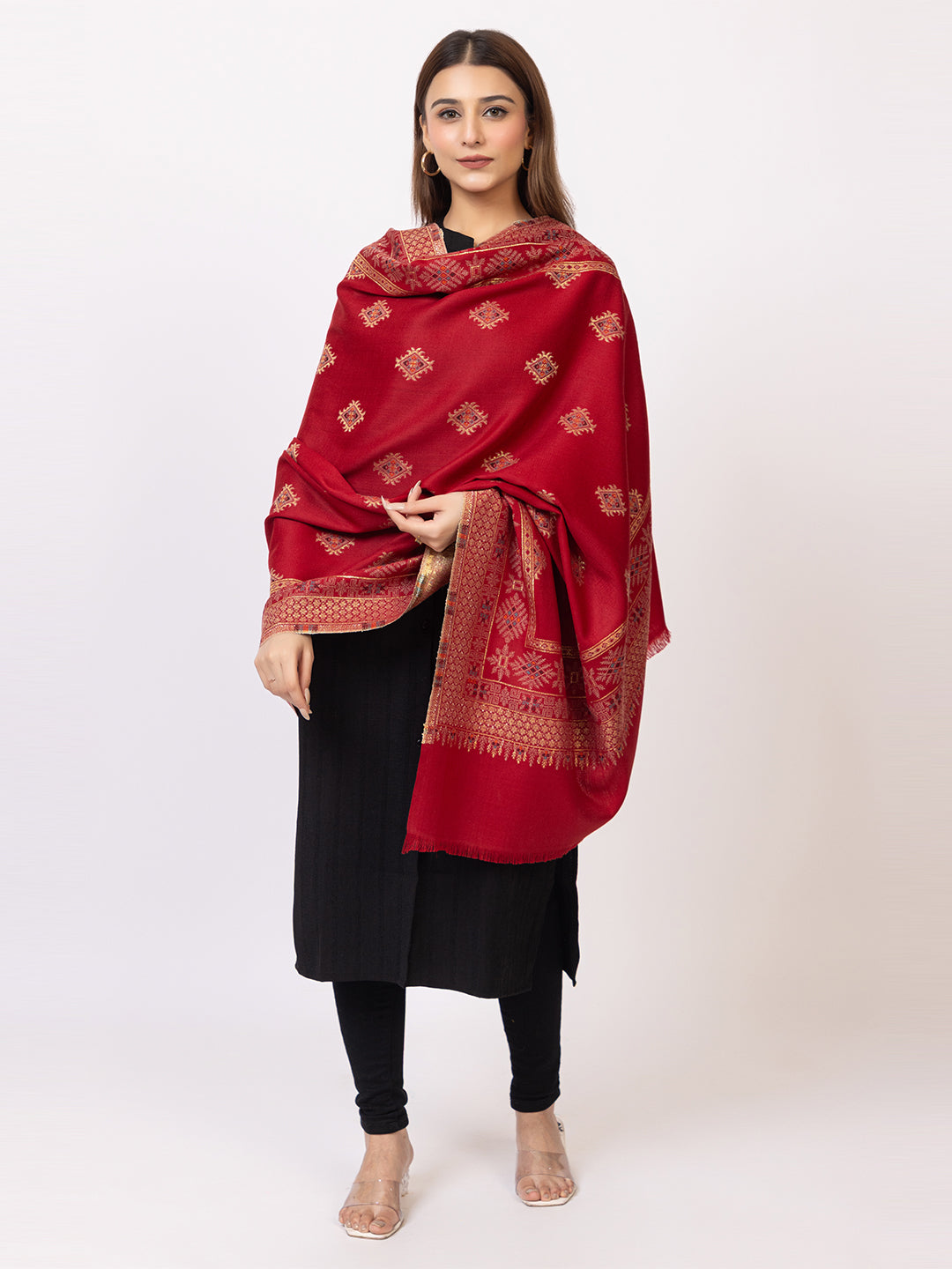 Tillaari Maroon Geometric Buti Shawl with Ornamental Border