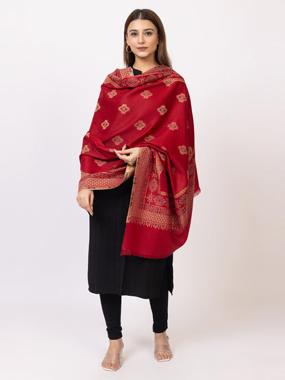 Tillaari Maroon Geometric Buti Shawl with Ornamental Border
