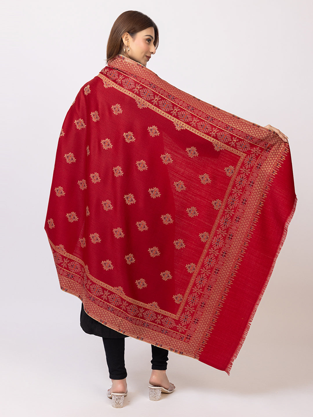 Tillaari Maroon Geometric Buti Shawl with Ornamental Border