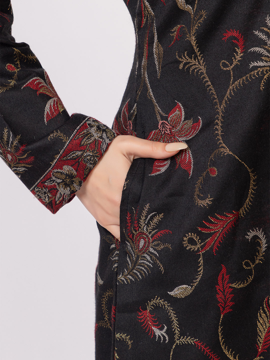 Tillaari Black Peacock Feather and Floral Jacket for Women