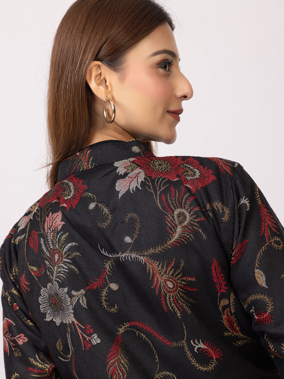 Tillaari Black Peacock Feather and Floral Jacket for Women