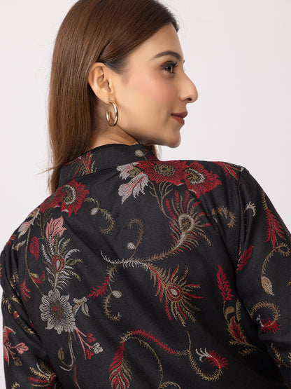 Tillaari Black Peacock Feather and Floral Jacket for Women