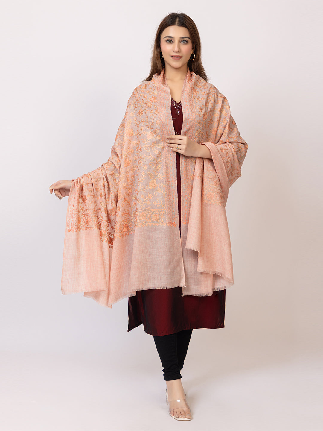 Tillaari Coral Shawl with Intricate Floral Jaal Embroidery