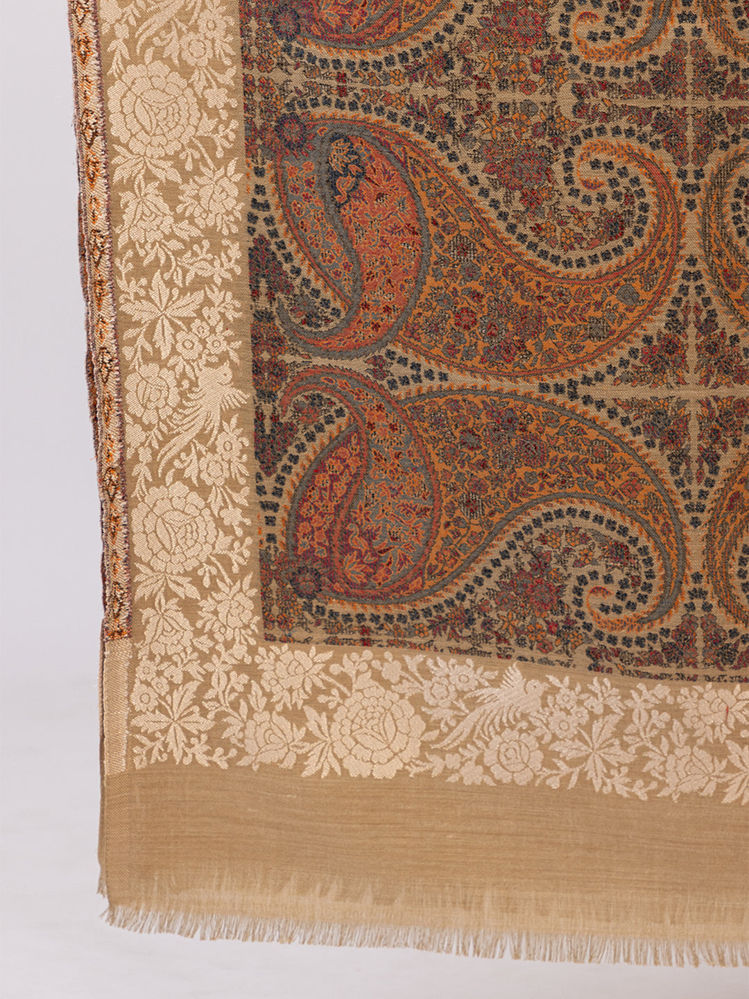 Tillaari Beige Elegant Shawl with Paisley and Floral Jaal