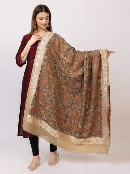 Tillaari Beige Elegant Shawl with Paisley and Floral Jaal