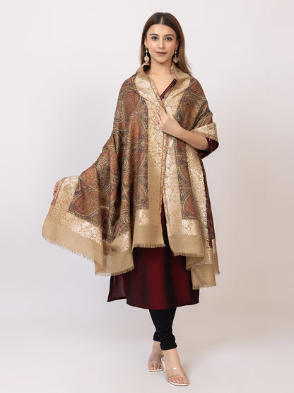 Tillaari Beige Elegant Shawl with Paisley and Floral Jaal