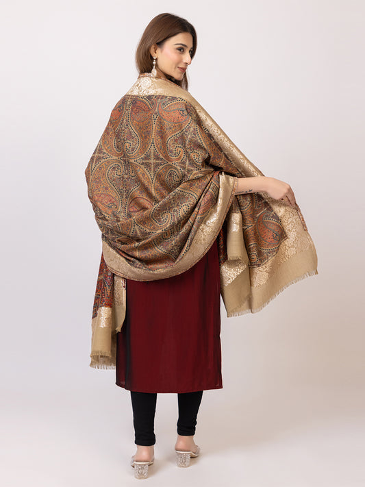Tillaari Beige Elegant Shawl with Paisley and Floral Jaal