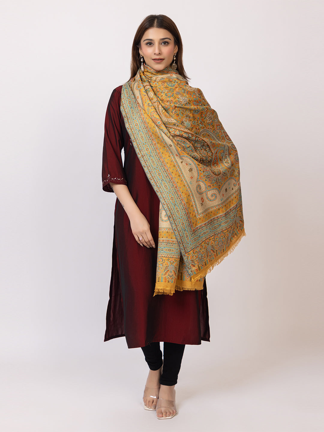 Tillaari Mustard Paisley and Floral Kani Shawl