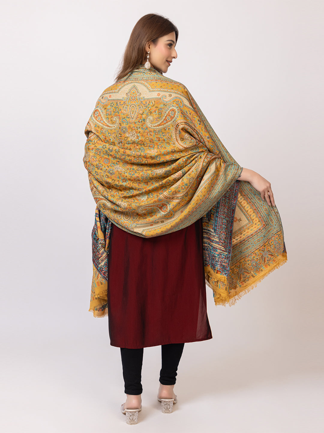Tillaari Mustard Paisley and Floral Kani Shawl