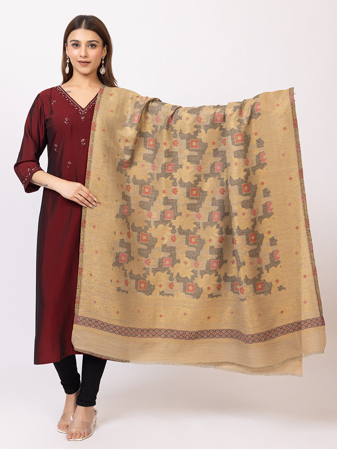 Tillaari Beige Shawl with Geometric Floral Design