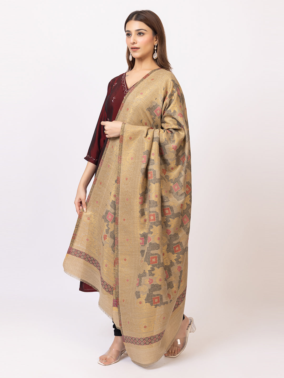 Tillaari Beige Shawl with Geometric Floral Design