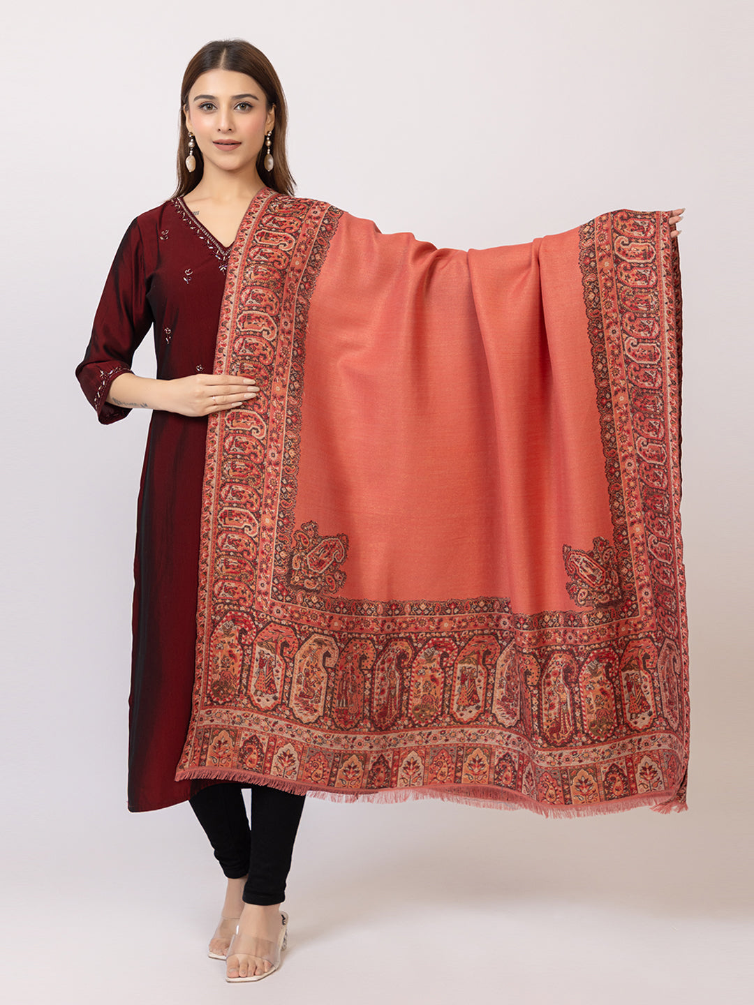 Tillaari Peach-Gold Shawl with Intricate Paisley and Floral Zari Base