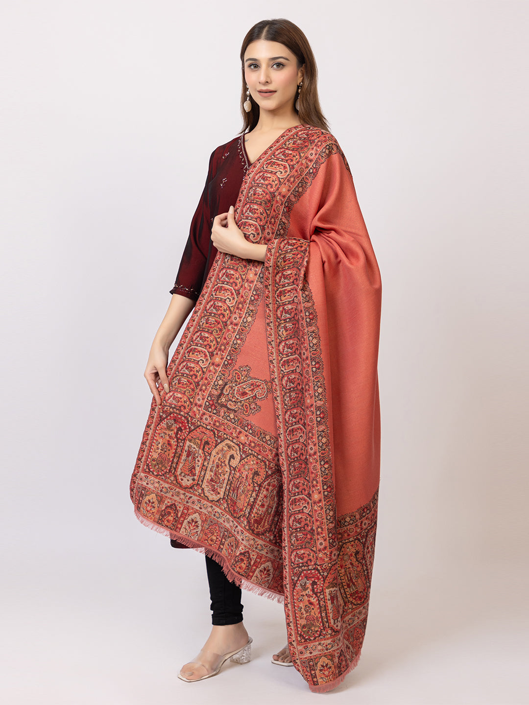 Tillaari Peach-Gold Shawl with Intricate Paisley and Floral Zari Base