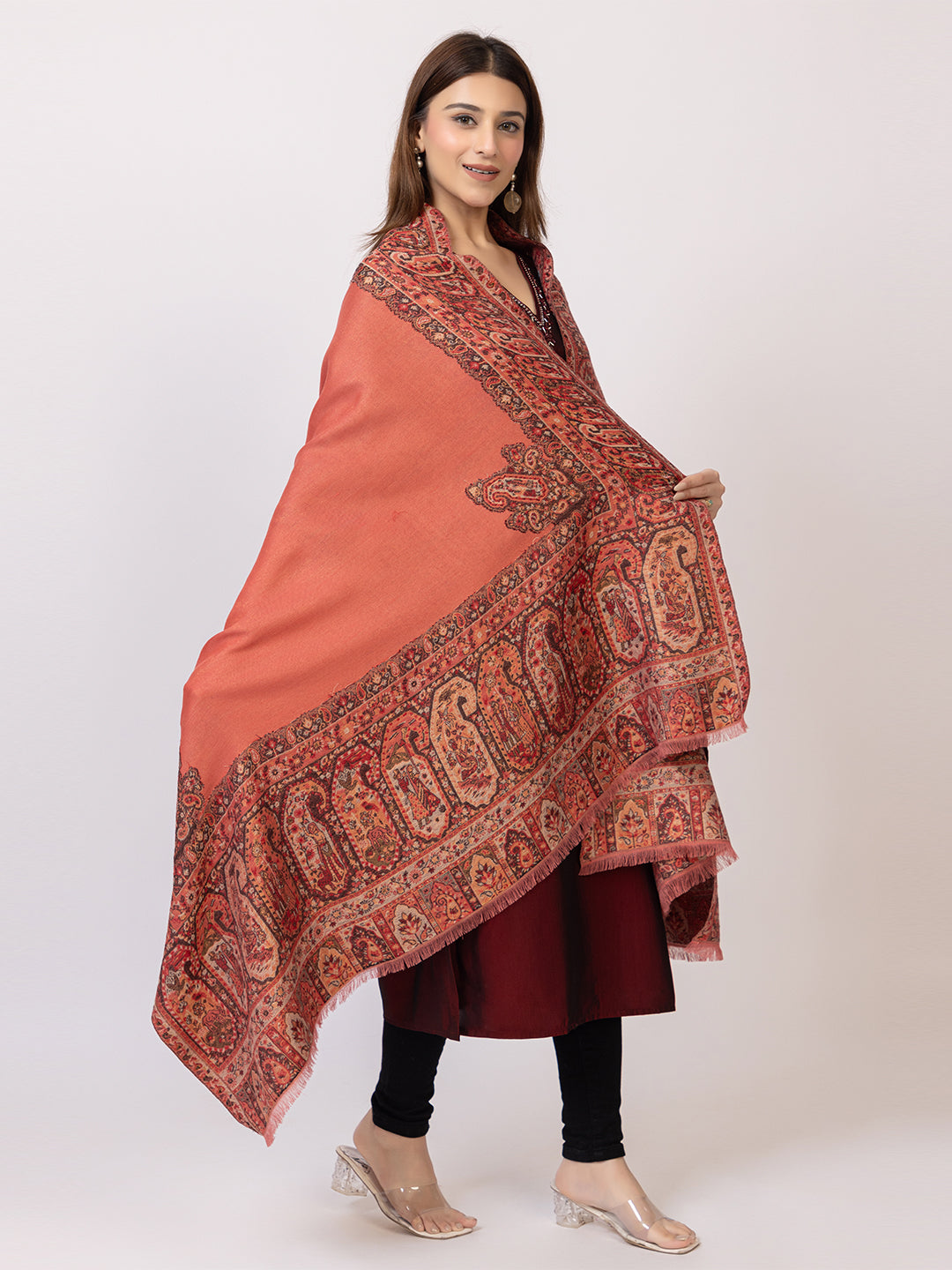 Tillaari Peach-Gold Shawl with Intricate Paisley and Floral Zari Base