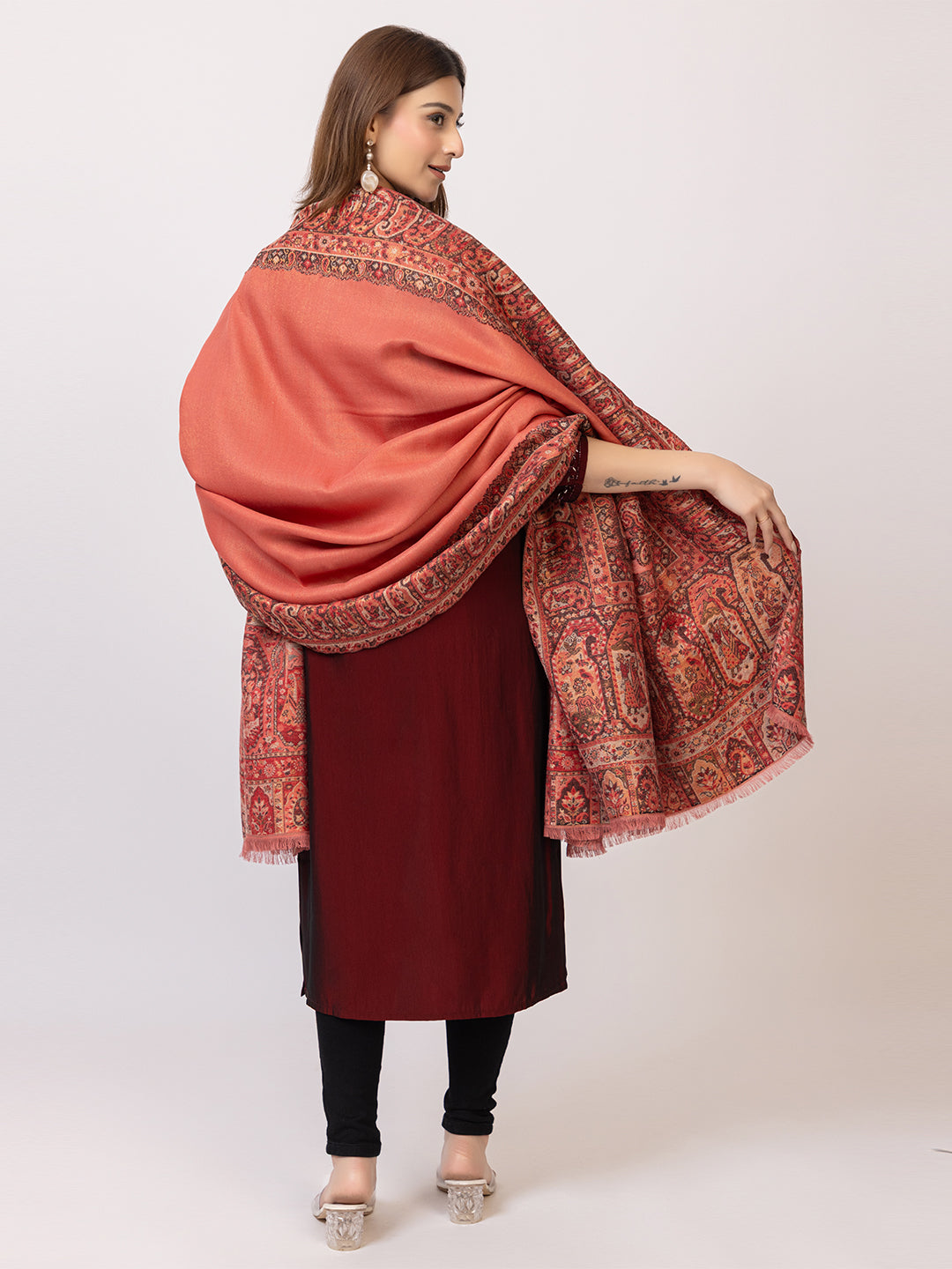 Tillaari Peach-Gold Shawl with Intricate Paisley and Floral Zari Base