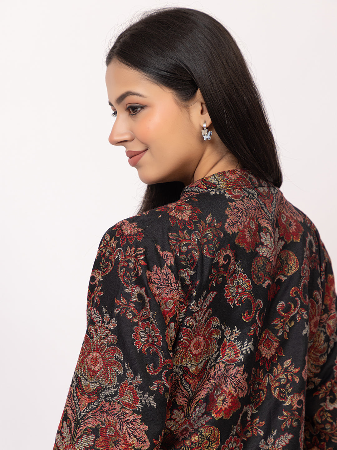Tillaari Black Floral Woven Jacket for Women