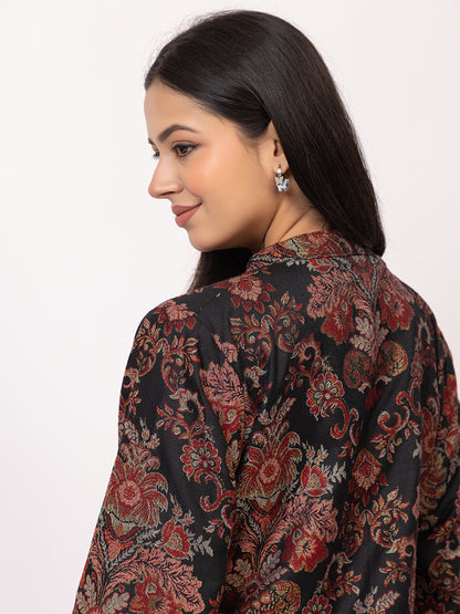 Tillaari Black Floral Woven Jacket for Women