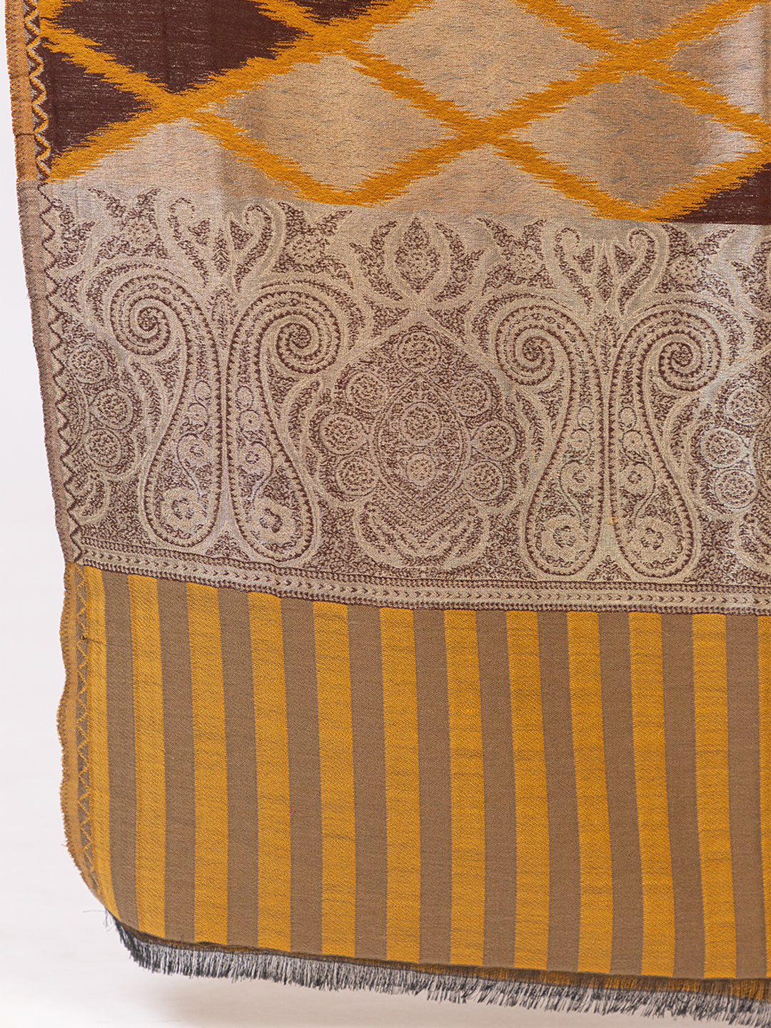 Tillaari Brown Mustard Geometric Pattern Shawl with Ornamental Border