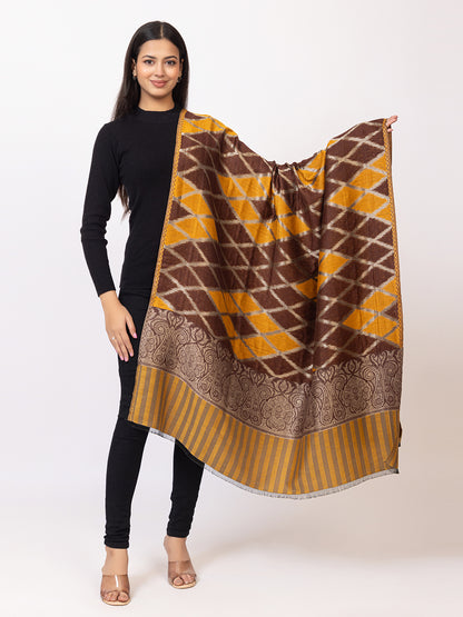 Tillaari Brown Mustard Geometric Pattern Shawl with Ornamental Border