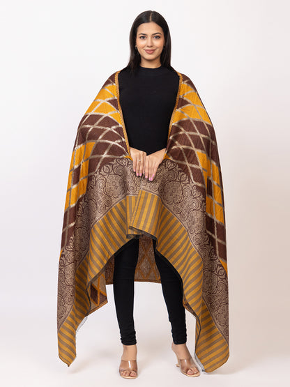 Tillaari Brown Mustard Geometric Pattern Shawl with Ornamental Border