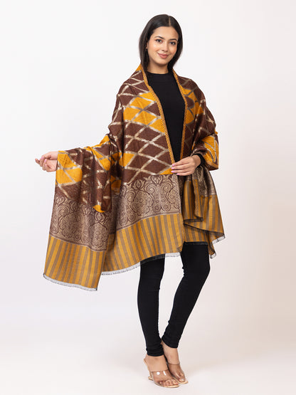 Tillaari Brown Mustard Geometric Pattern Shawl with Ornamental Border