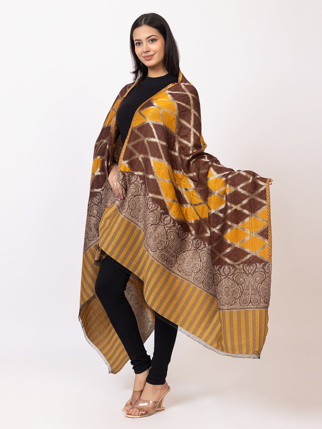 Tillaari Brown Mustard Geometric Pattern Shawl with Ornamental Border