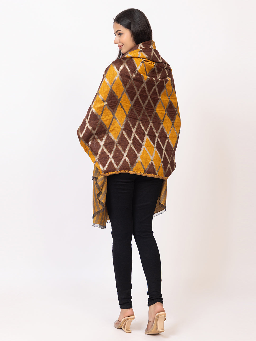 Tillaari Brown Mustard Geometric Pattern Shawl with Ornamental Border