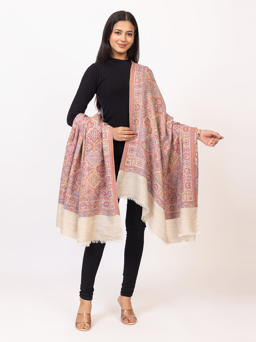 Tillaari Elegant White Geometric Shawl with Intricate Indian Motifs