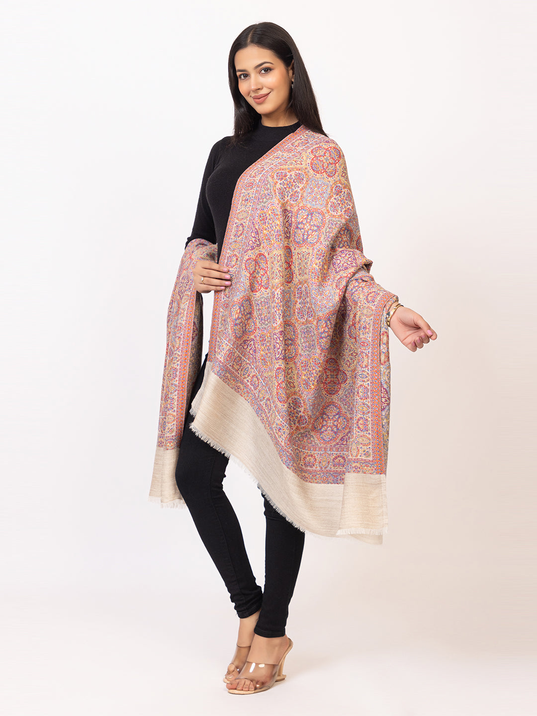 Tillaari Elegant White Geometric Shawl with Intricate Indian Motifs