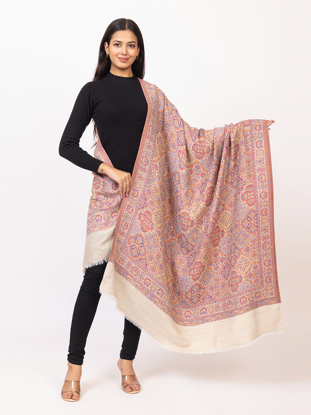 Tillaari Elegant White Geometric Shawl with Intricate Indian Motifs