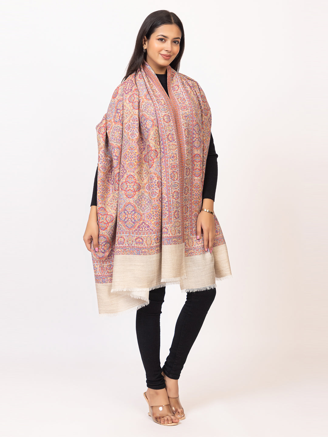 Tillaari Elegant White Geometric Shawl with Intricate Indian Motifs