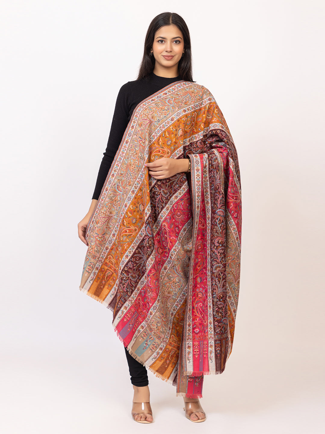 Tillaari Traditional Floral and Paisley Striped Shawl