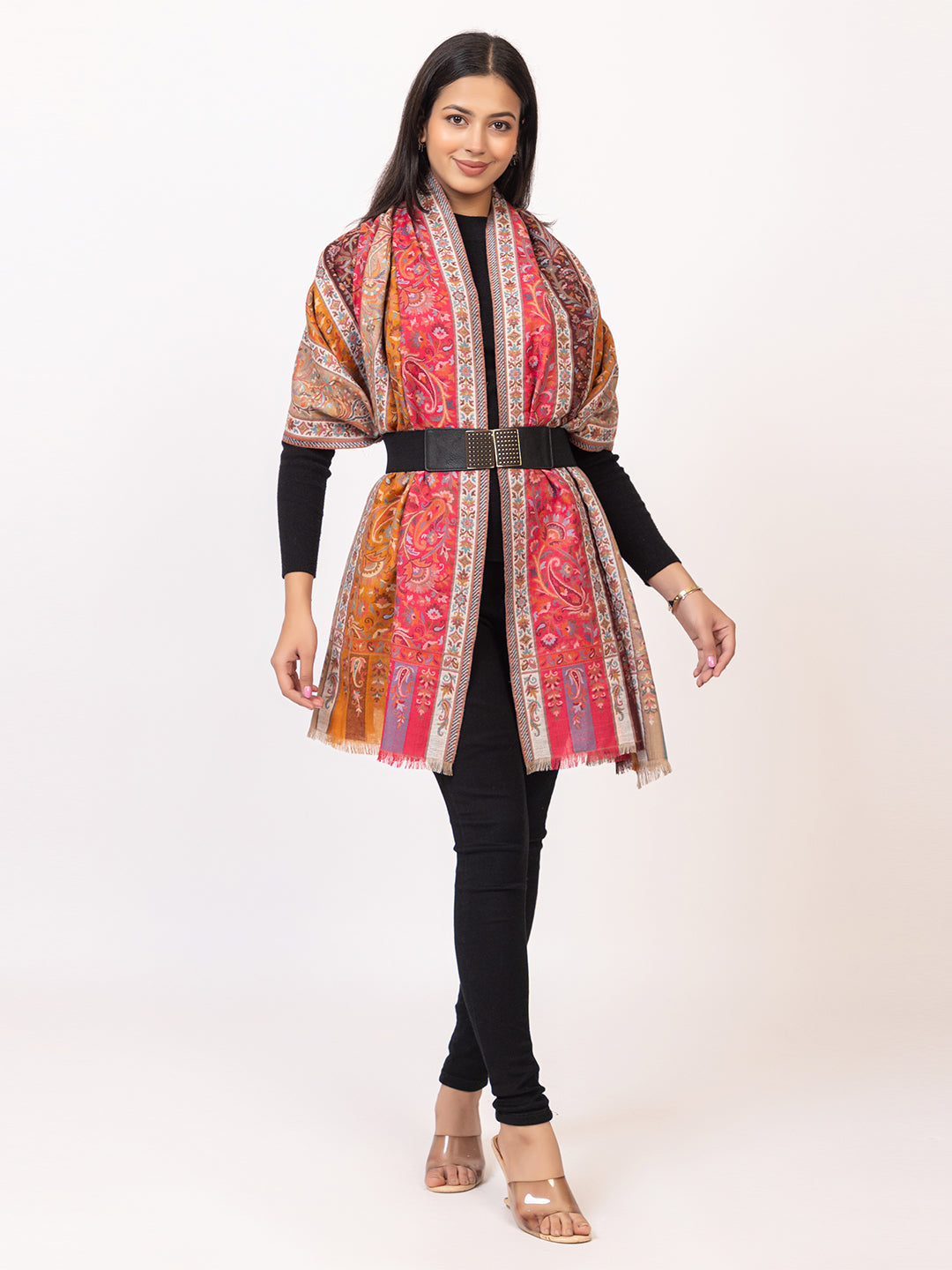 Tillaari Traditional Floral and Paisley Striped Shawl