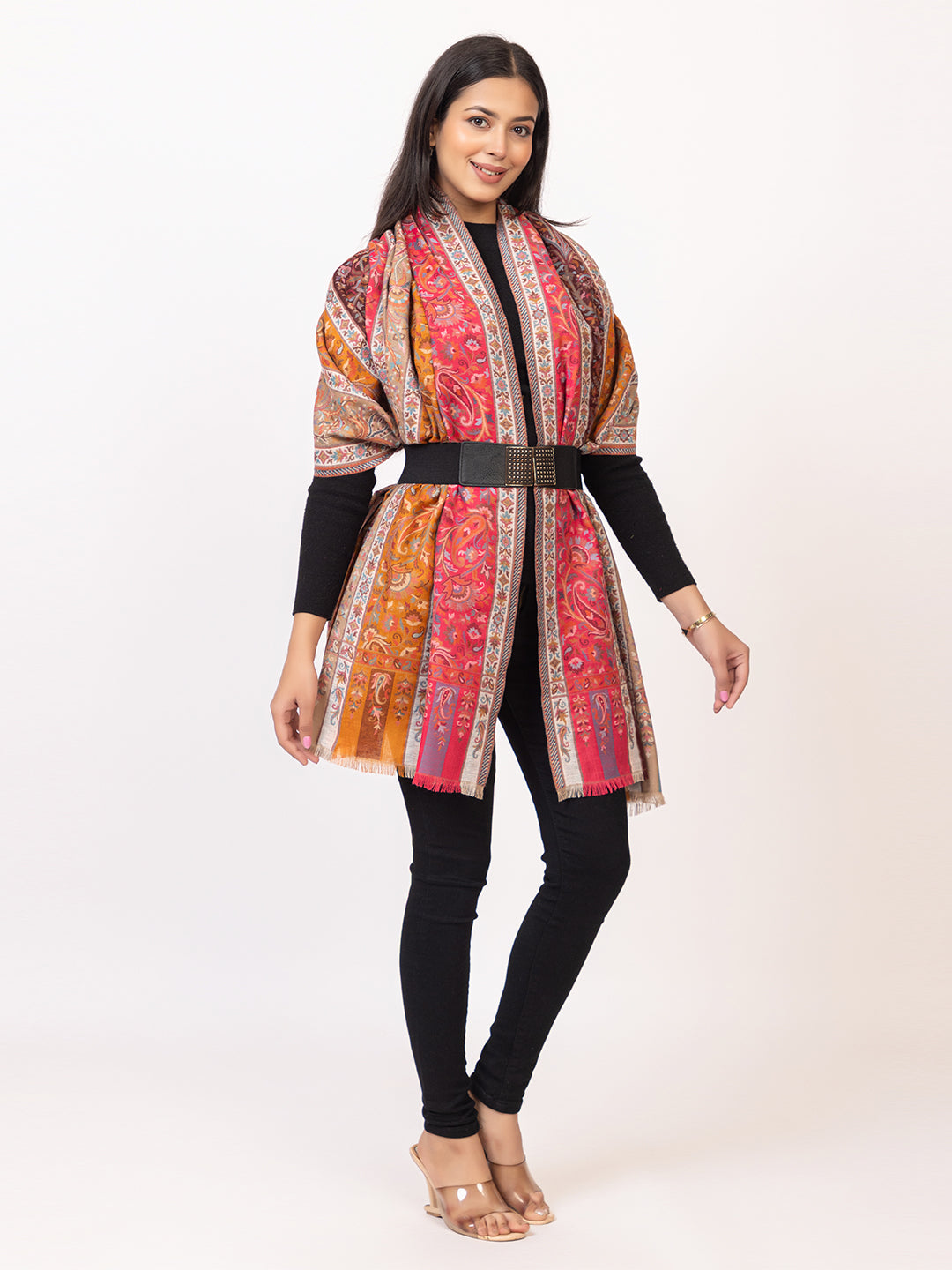 Tillaari Traditional Floral and Paisley Striped Shawl