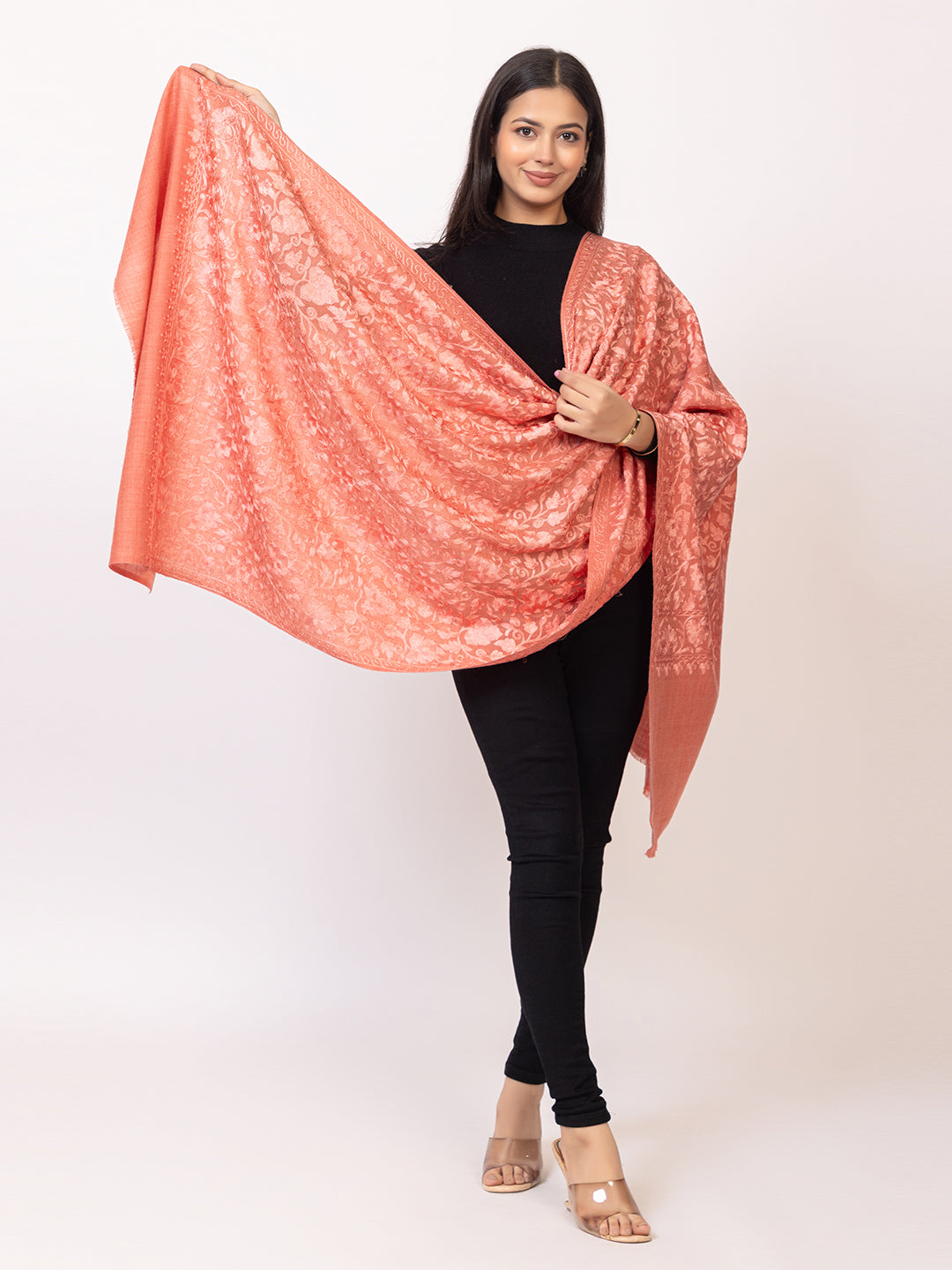 Tillaari Blooming Peach Stole with Embrodiery Jaal