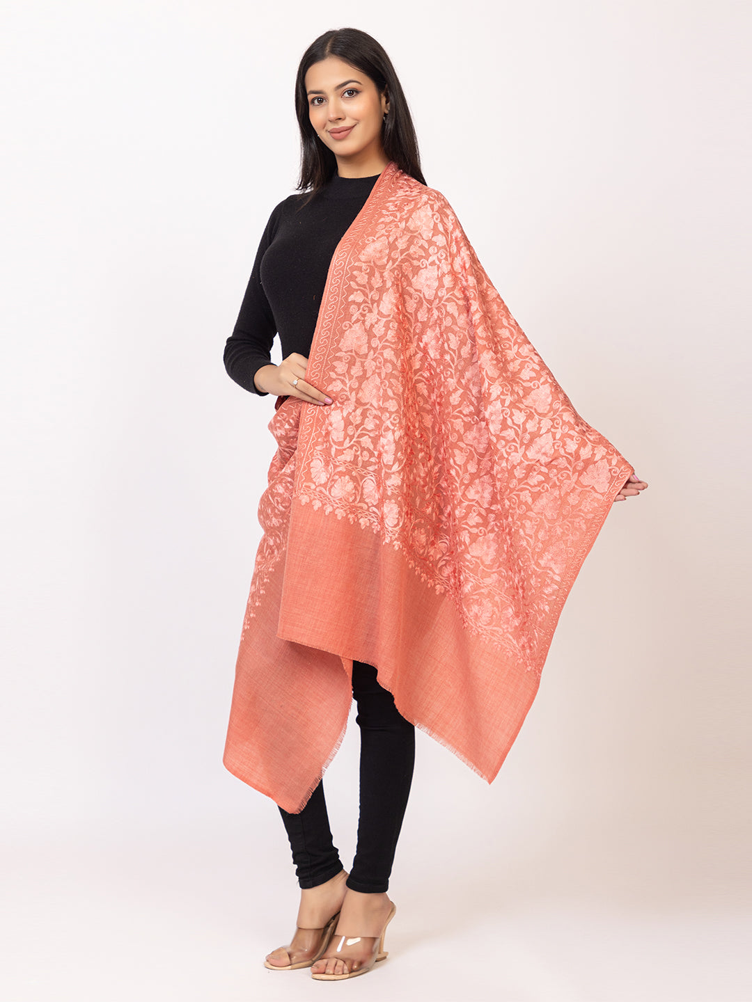 Tillaari Blooming Peach Stole with Embrodiery Jaal
