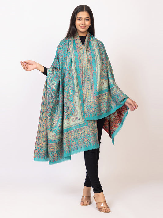 Tillaari Turquoise Blue Paisley and Floral Kaani Shawl